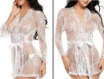 lingerie bathrobe strappy nightdress set-White-3