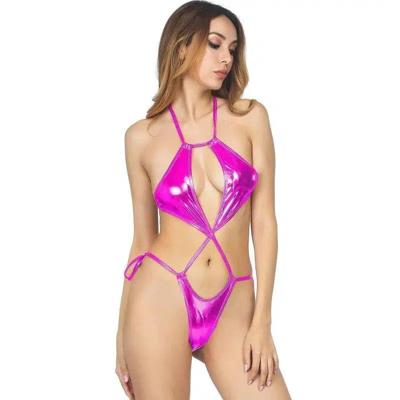 Lingerie Three-Point Bikini Real Patent-Rosered-2