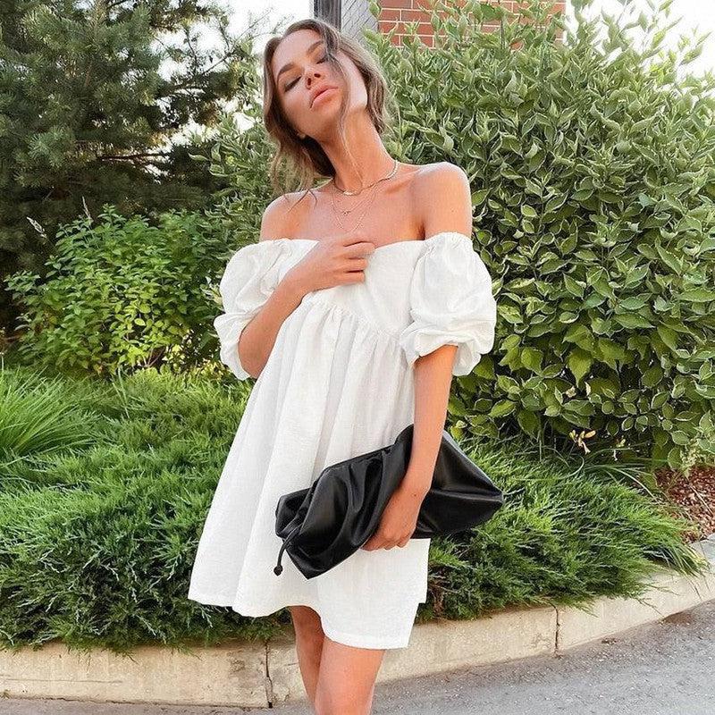 Off Shoulder White Women Dress Cotton Big Puff Sleeve-2