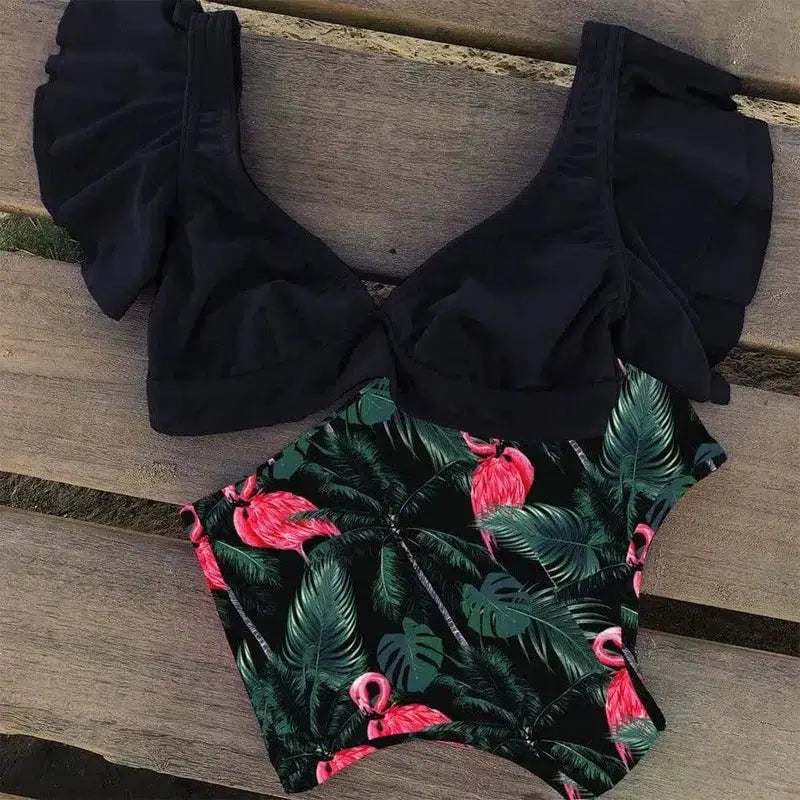 Swimsuit Printed Split Bikini Swimsuit Women Swimwear-1Black-10
