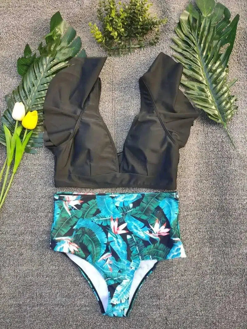 Swimsuit Printed Split Bikini Swimsuit Women Swimwear-Black-7