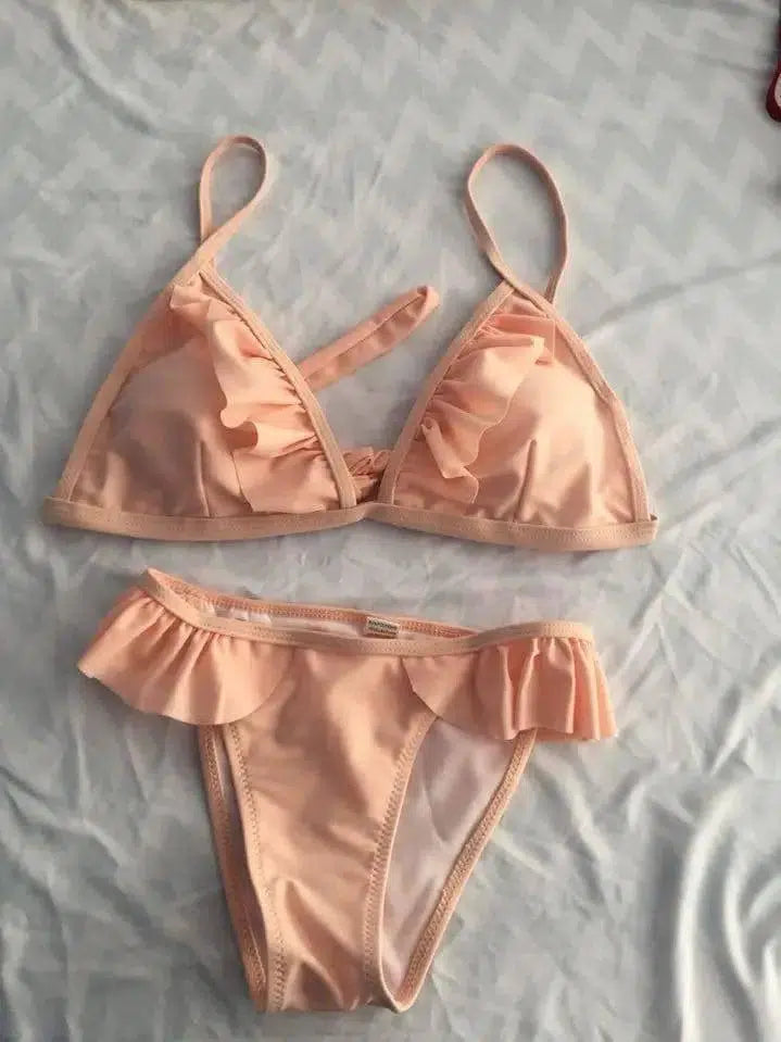 Swimwear bikinis ladies flounced suit spot-Pink-3