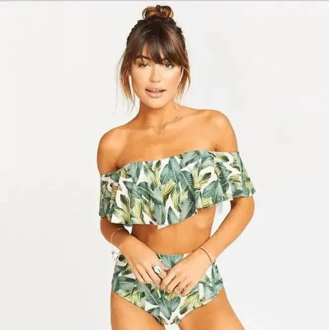White Black Striped High Waist Biquini Ruffled Swim-S-3