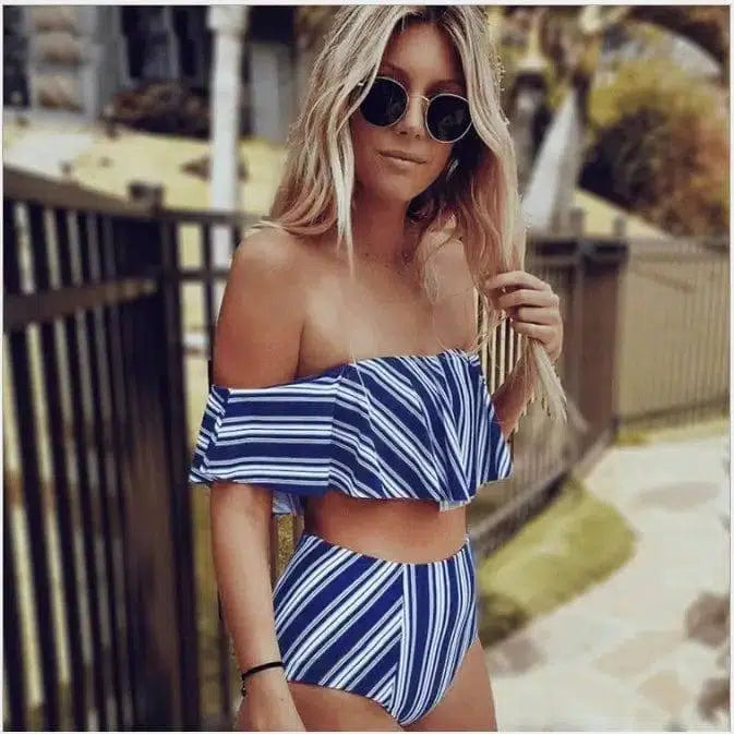 White Black Striped High Waist Biquini Ruffled Swim-S-6