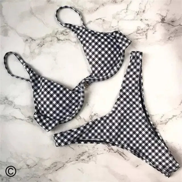 Women Bikini Beachwear Push-up Swimwear Swimwear-Blackplaid-7