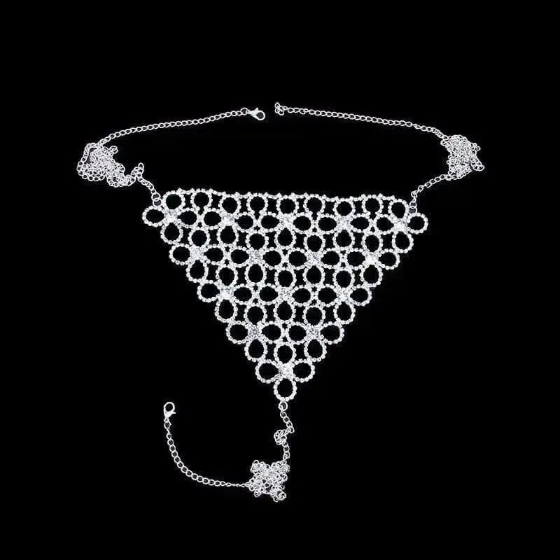 Shiny Bikini Set with Rhinestone Hollow Flower Body-Silver-2