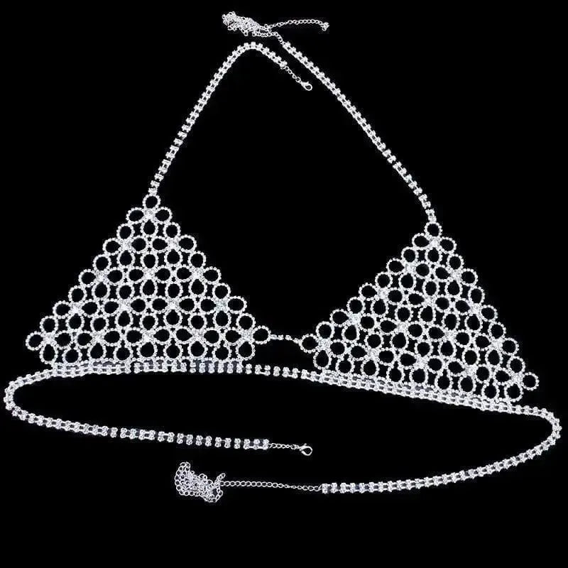 Shiny Bikini Set with Rhinestone Hollow Flower Body-Silver-4