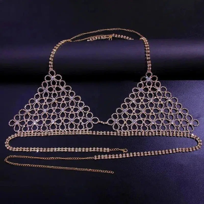 Shiny Bikini Set with Rhinestone Hollow Flower Body-Gold-5