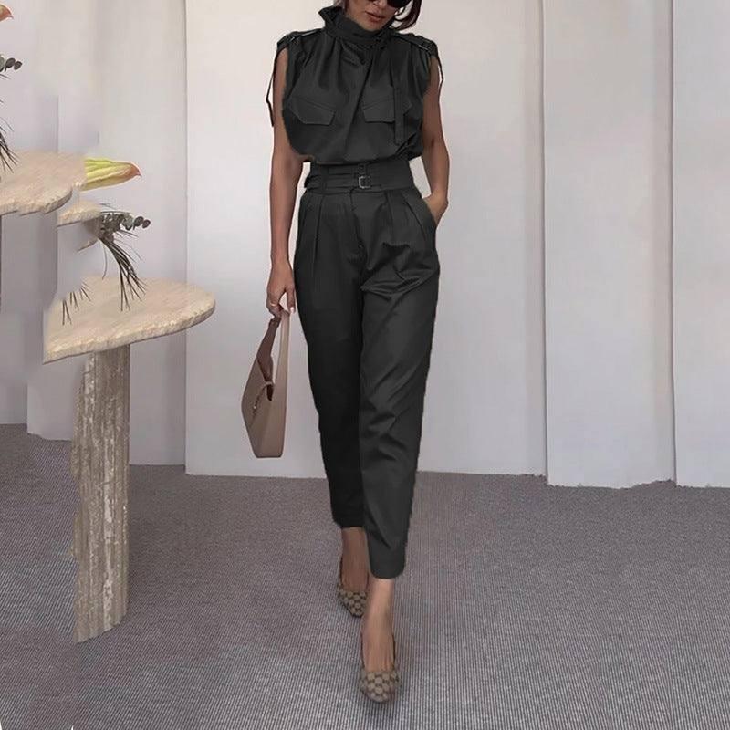 Shoulder Slimming Waist-slimming Belt Decoration Blouse And Pants-10