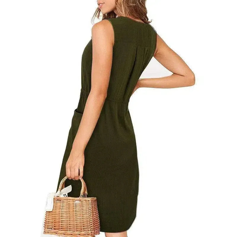Sleeveless V-neck Buttoned Dress With Pockets Fashion Casual Waist Tie Design Summer Dress Womens Clothing-3