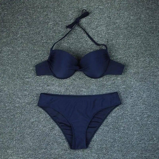 Solid Color Hard Bag Backless Bikini Swimsuit Women-Navy-1