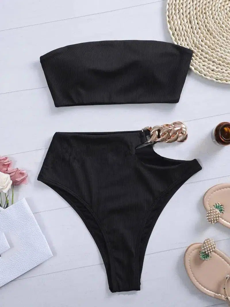 Solid Color Hollow Bikini Split Swimsuit Swimsuit-Black-1