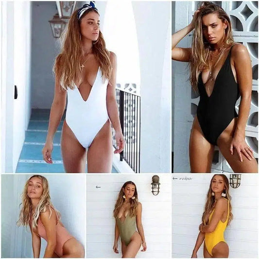 Solid color one-piece swimsuit deep V-neck back pleated-1