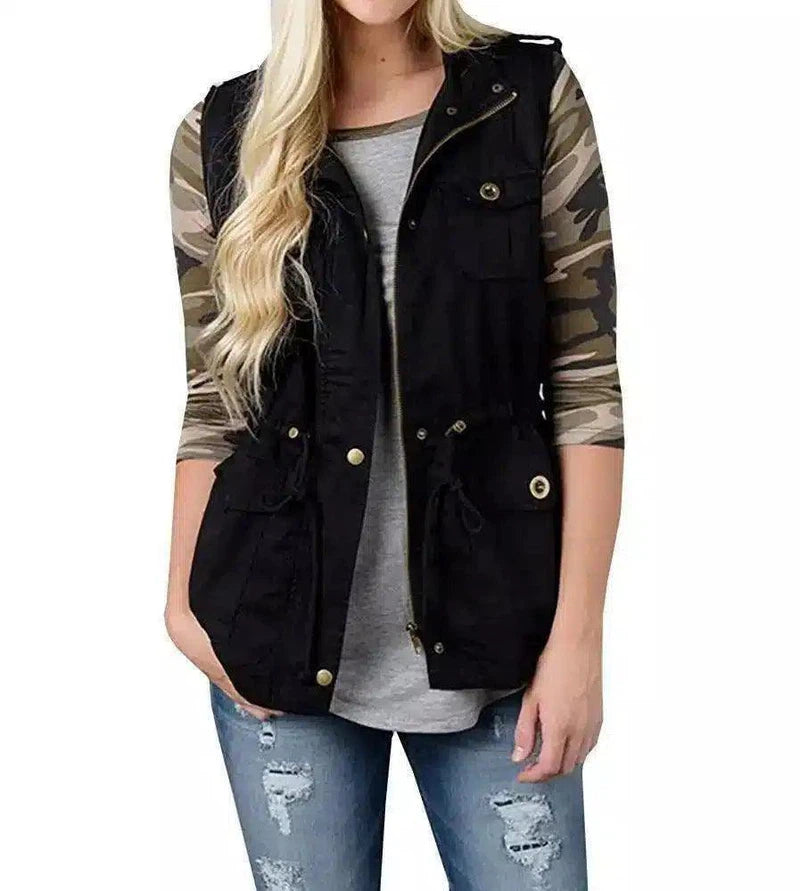 Solid Color Sleeveless Button Vest Jacket-Black-2