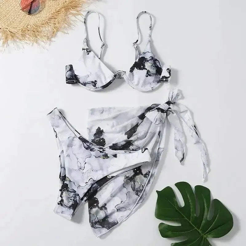 Split Printed Three-piece Swimsuit One-piece Bikini-Black-2