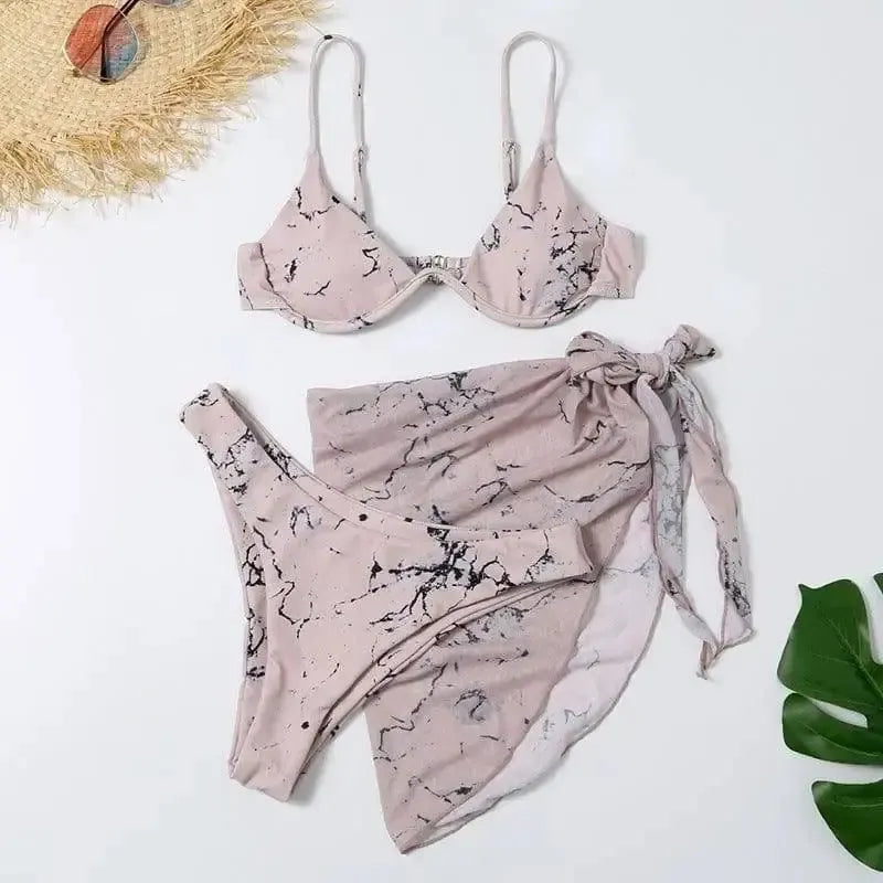 Split Printed Three-piece Swimsuit One-piece Bikini-Fleshcolored-8
