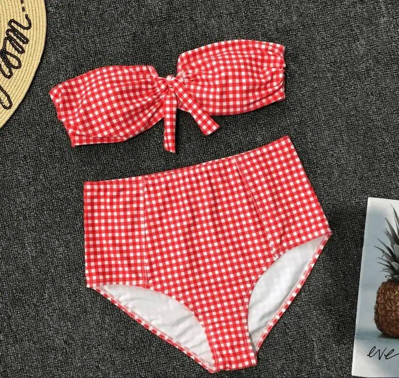Split swimsuit red plaid V-neck lace high waist bikini-gules-2