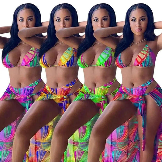 Split Swimsuit Summer Bikini Three-piece Print Beach Suit-1