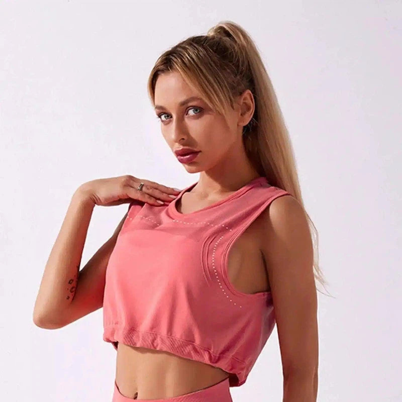 Women's High-Waisted Workout Leggings & Crop Top Set-Dark Pink-2