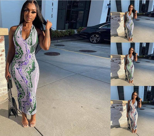 Spring Fashion Printed Halter Long Sheath Dress-1
