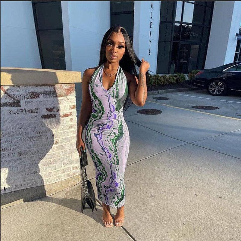 Spring Fashion Printed Halter Long Sheath Dress-Purple-7