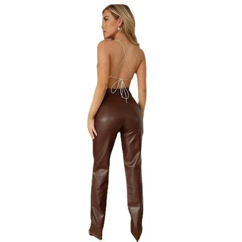 Stretch Leather Pants Women Casual PU Leather Pants Trousers-3