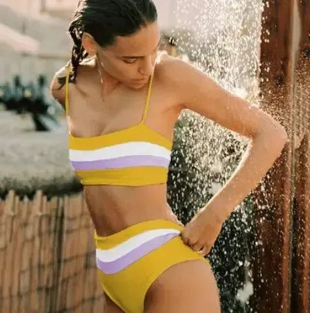 Striped Bandeau Bikini Set-Yellow-6
