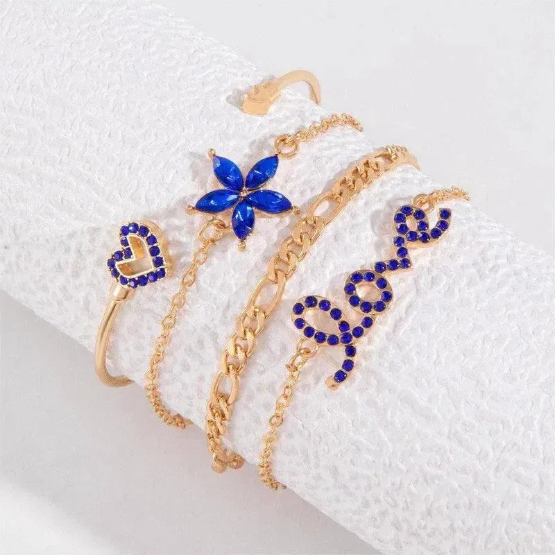 4pcs Blue Flower Love Butterfly Bracelet Set With Rhinestones Design Valentines Day-5