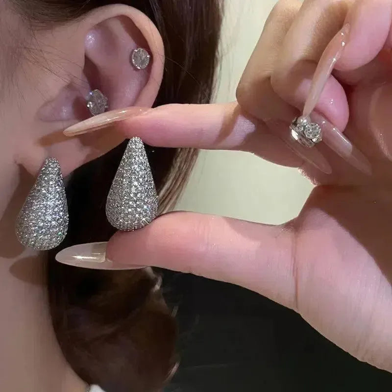 Fashion Jewelry Vintage Chunky Dome Drop Earrings For Women Glossy Stainless Steel Thick Zircon Inlaid Teardrop Earring Earrings Women-1