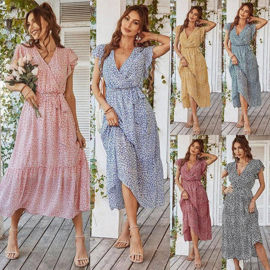 Summer Dresses Ruffle Cap Sleeve V Neck Belt Wrap Split Boho-1