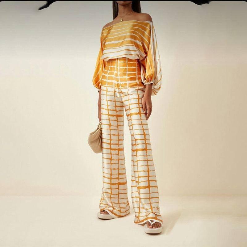 Ladies' Off-Shoulder Jumpsuit-Yellow Plaid-6