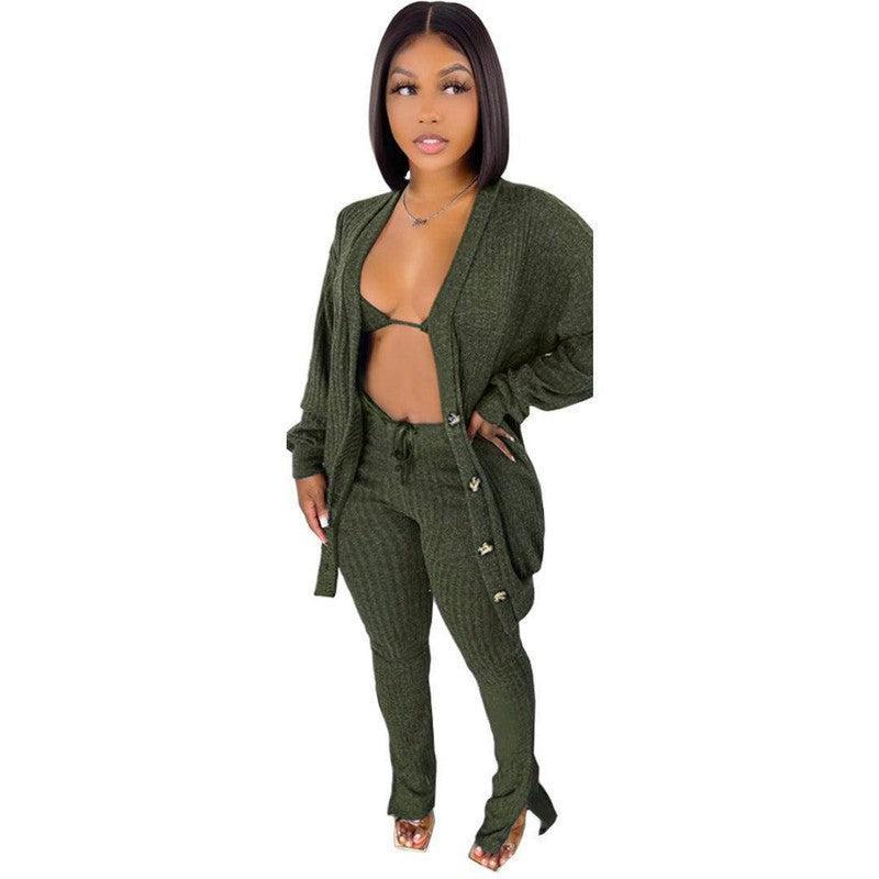 Sweater Coat Underwear Pocket 3-piece Set Suit-Olive Green-8