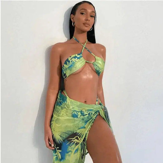 Three-piece Print Wrap Chest Halterneck Vest Miniskirt-Greenprint-1