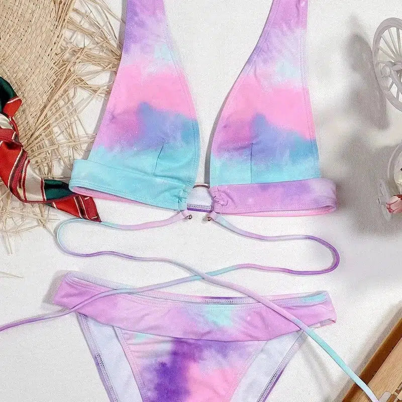 Tie-dye Outer Single Burst Swimsuit Bikini Female Split-Pink-2