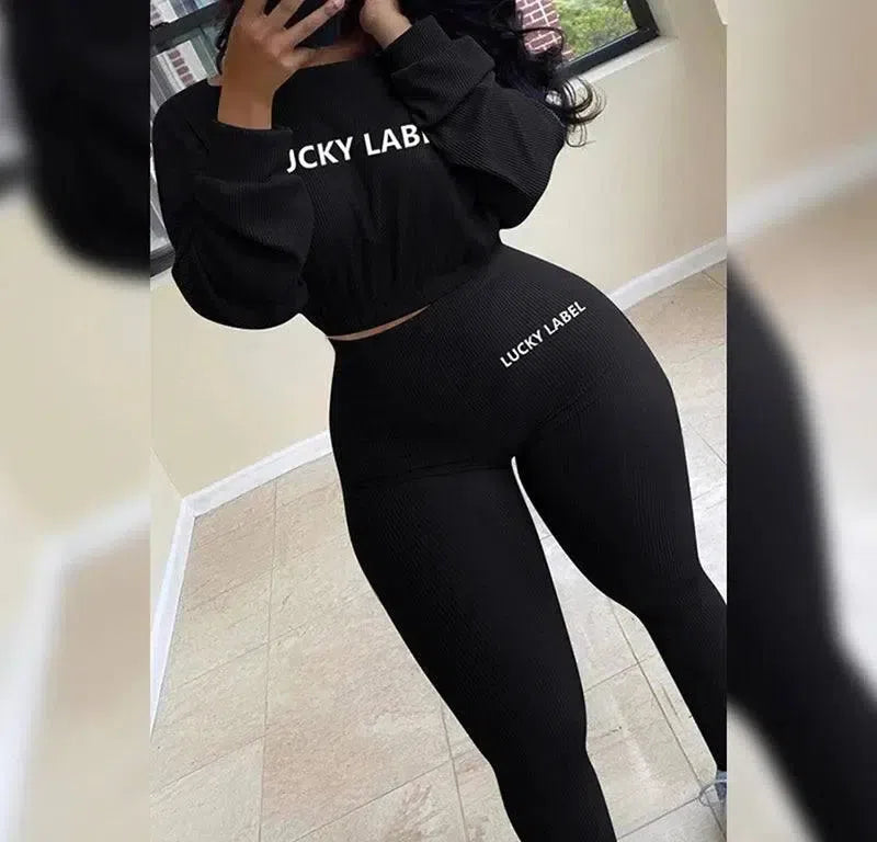 Two Piece Sets Women Basic Sweatshirt+Leggings Casual-black-7