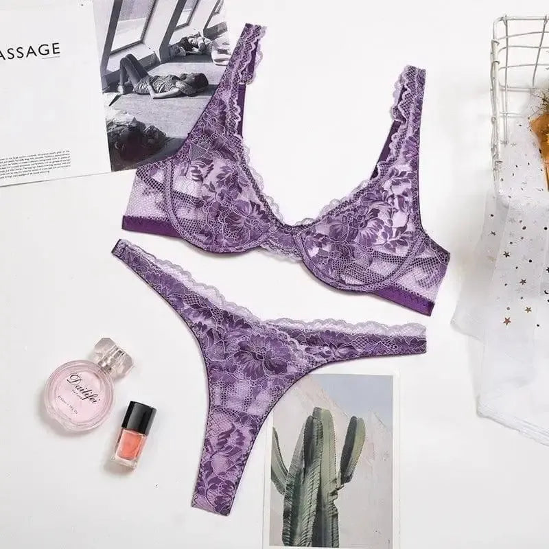 Two-tone Lace Lingerie With Steel Ring Women Suit-Purple-3
