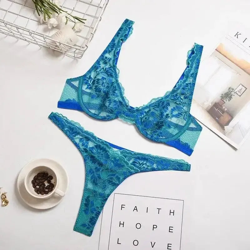 Two-tone Lace Lingerie With Steel Ring Women Suit-Blue-5
