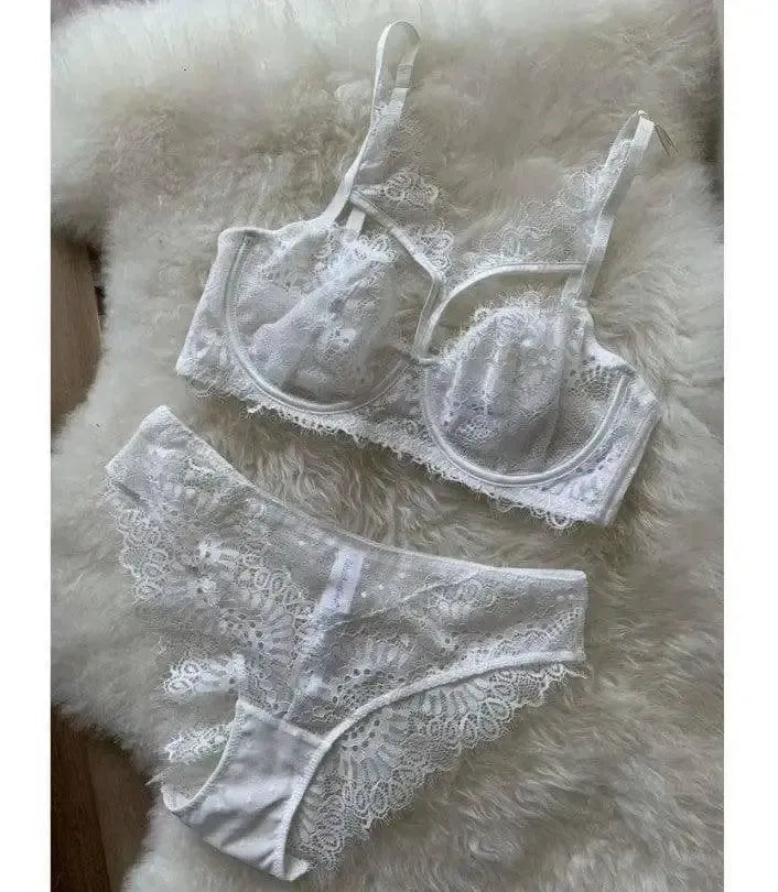 Embroidered Lace Bra Set-White-3