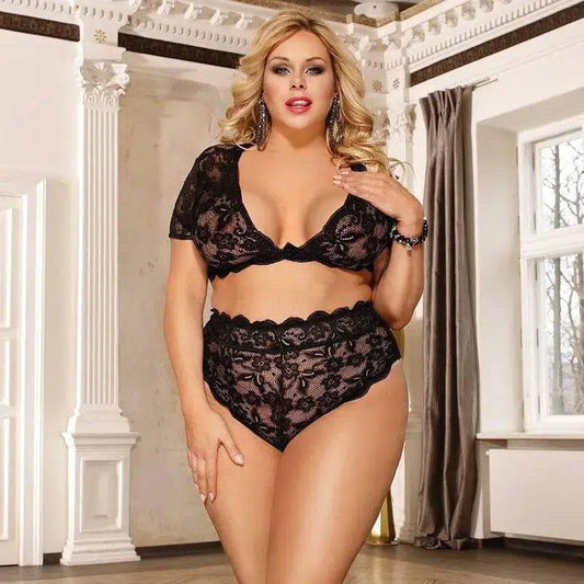 Underwear Lingerie Set Short Sleeve Bralette Encaje Mujer-Black-1