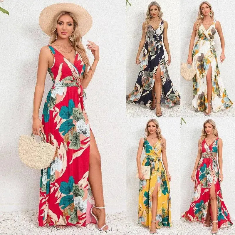 V-neck Floral Print Long Dress Summer Fashion Waist Tie Slit Design Sleeveless Dress For Womens Clothing-1