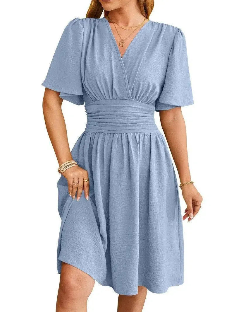 V-neck Short-sleeved Dress Fashion Bell-sleeved Dress Summer Womens Clothing-Blue-2