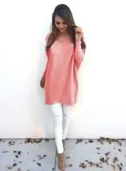 V-Neck Warm Sweaters Casual Sweater-Pink-8