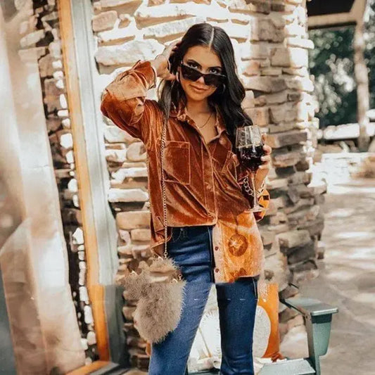 Velvet Elegant Lapel Loose Long Sleeve Shirt-Khaki-1
