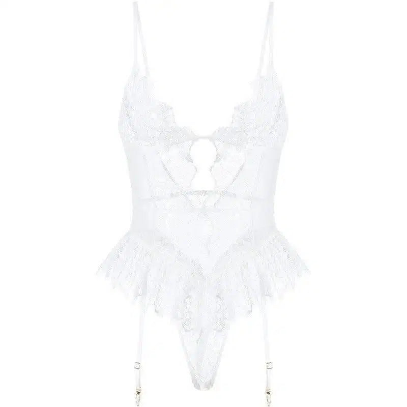 Water-soluble Embroidery One-piece Garter Belt Lingerie-White-3