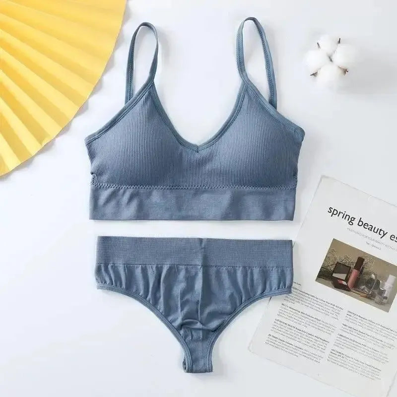 Women Bra Panties Set Push Up Sports Bra Set G-String-Blue-10