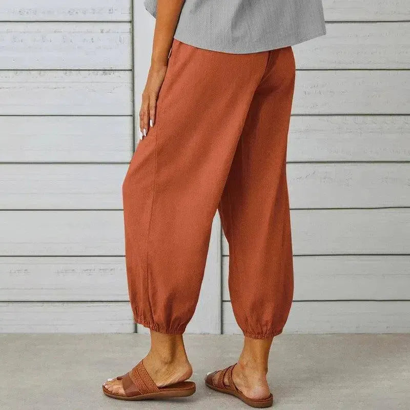 Women Drawstring Tie Pants Spring Summer Cotton And Linen Trousers With Pockets Button-3
