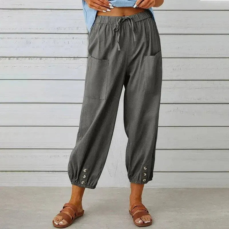 Women Drawstring Tie Pants Spring Summer Cotton And Linen Trousers With Pockets Button-Dark Gray-7