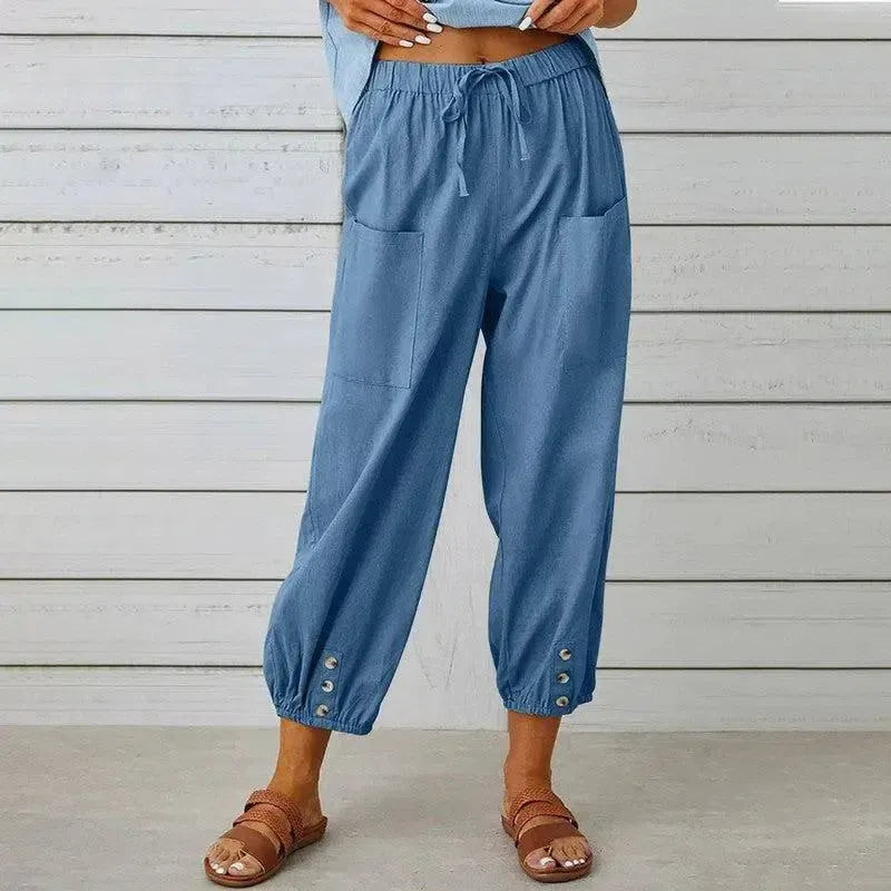 Women Drawstring Tie Pants Spring Summer Cotton And Linen Trousers With Pockets Button-Denim Blue-8