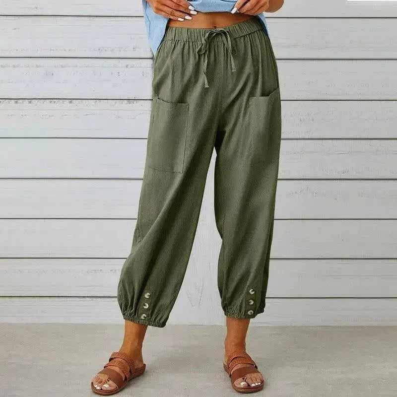 Women Drawstring Tie Pants Spring Summer Cotton And Linen Trousers With Pockets Button-Army Green-9