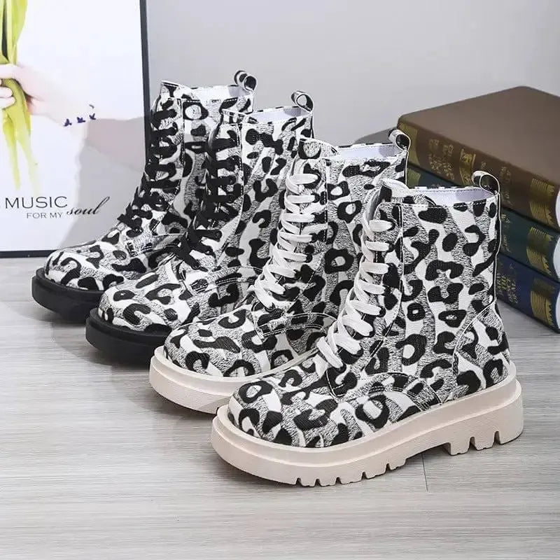 Women Martin Boots Black White Leopard Print Low Heel Shoes-2